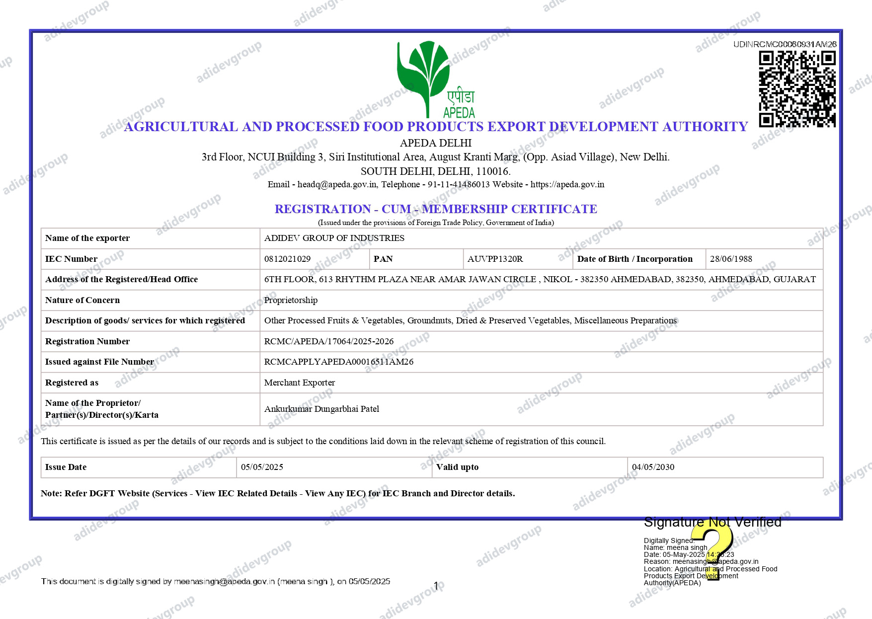 Apeda Certificate Adidev group of farmers