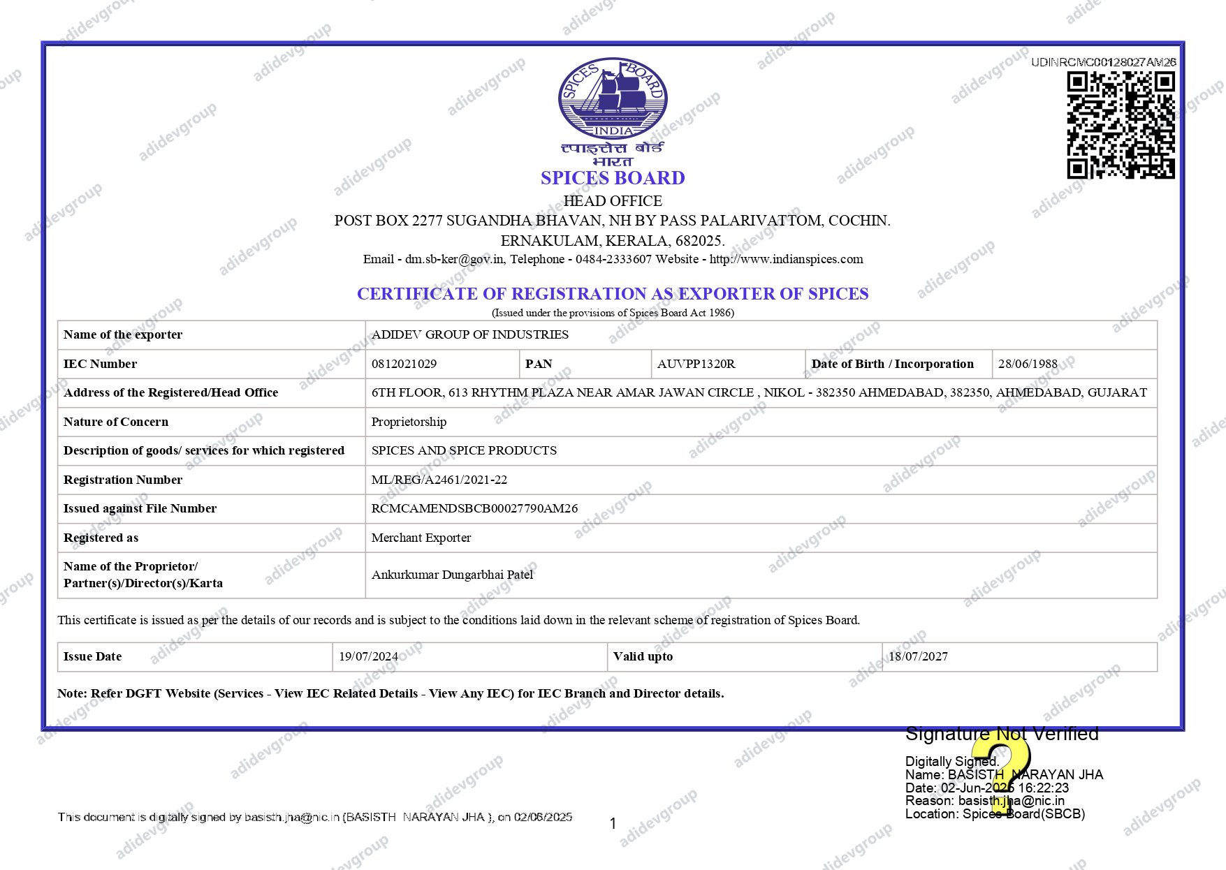 Spices Board Certificate Adidev group of farmers